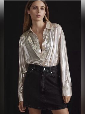 Anthropologie The Gillian Liquid Shine Metallic Buttondown Shirt in Gold Sz M